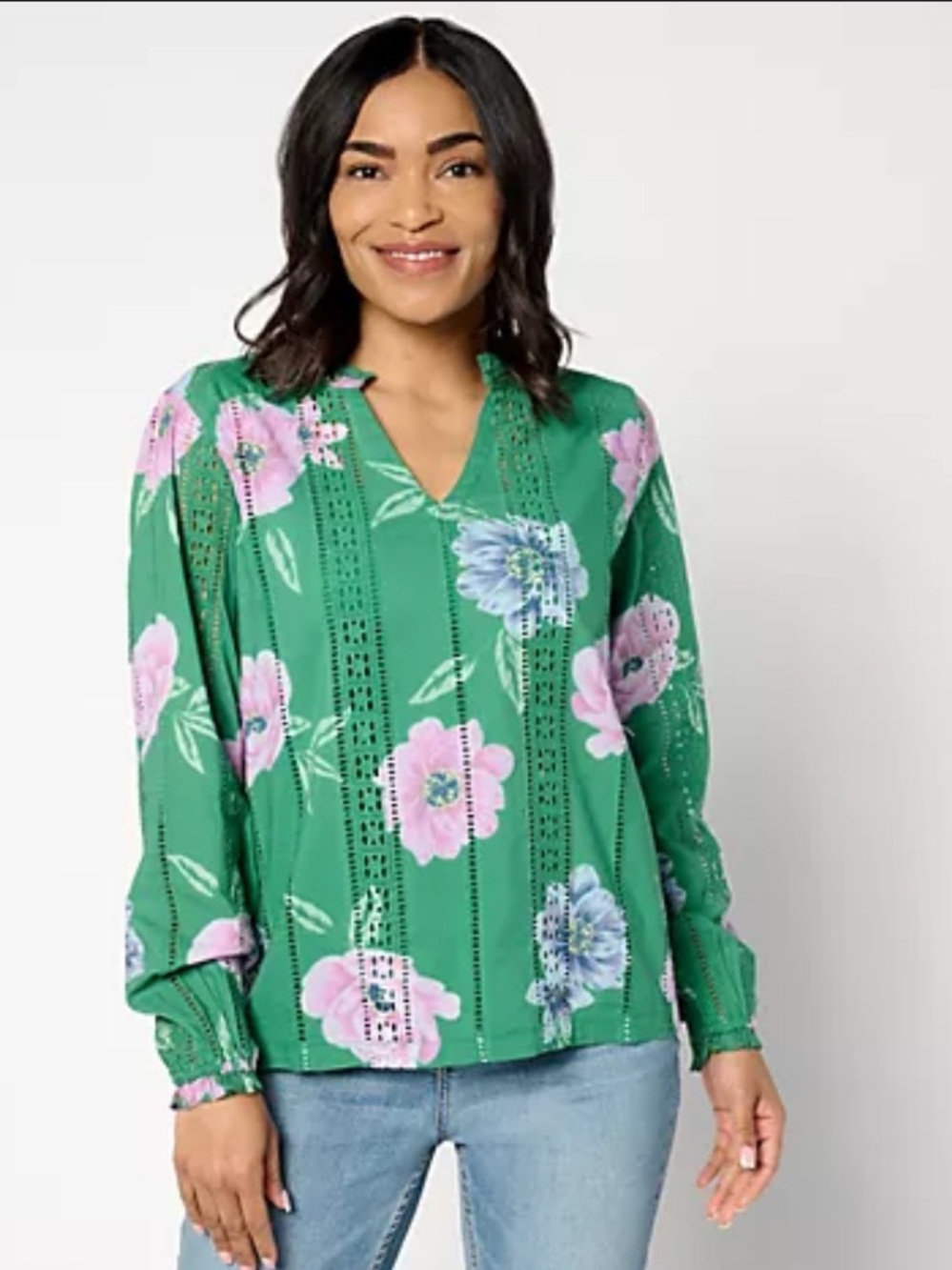 Bohemian Eyelet Floral Peasant Blouse 💯 Cotton XL QVC